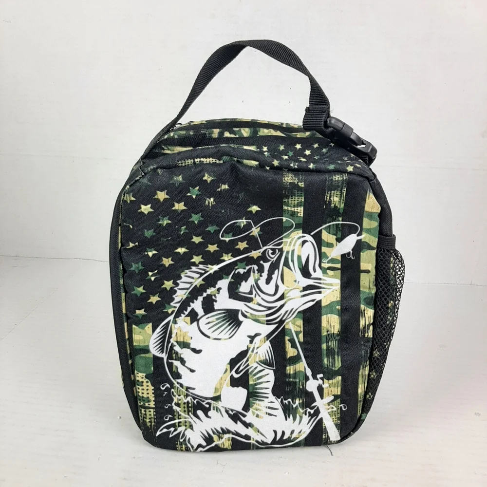 🛍Bass Fish Patriotic Camouflage Flag Insulated Zipper Lunch Bag Bottle Pocket